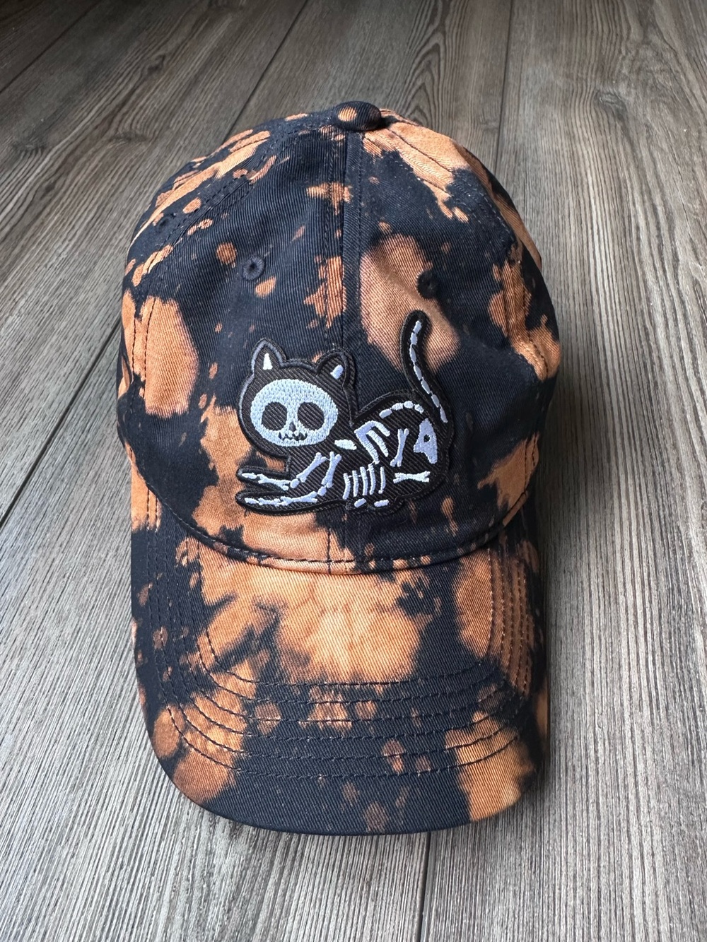 Skeleton Cat Hat Distressed Black Orange Bleach Baseball Hat Halloween